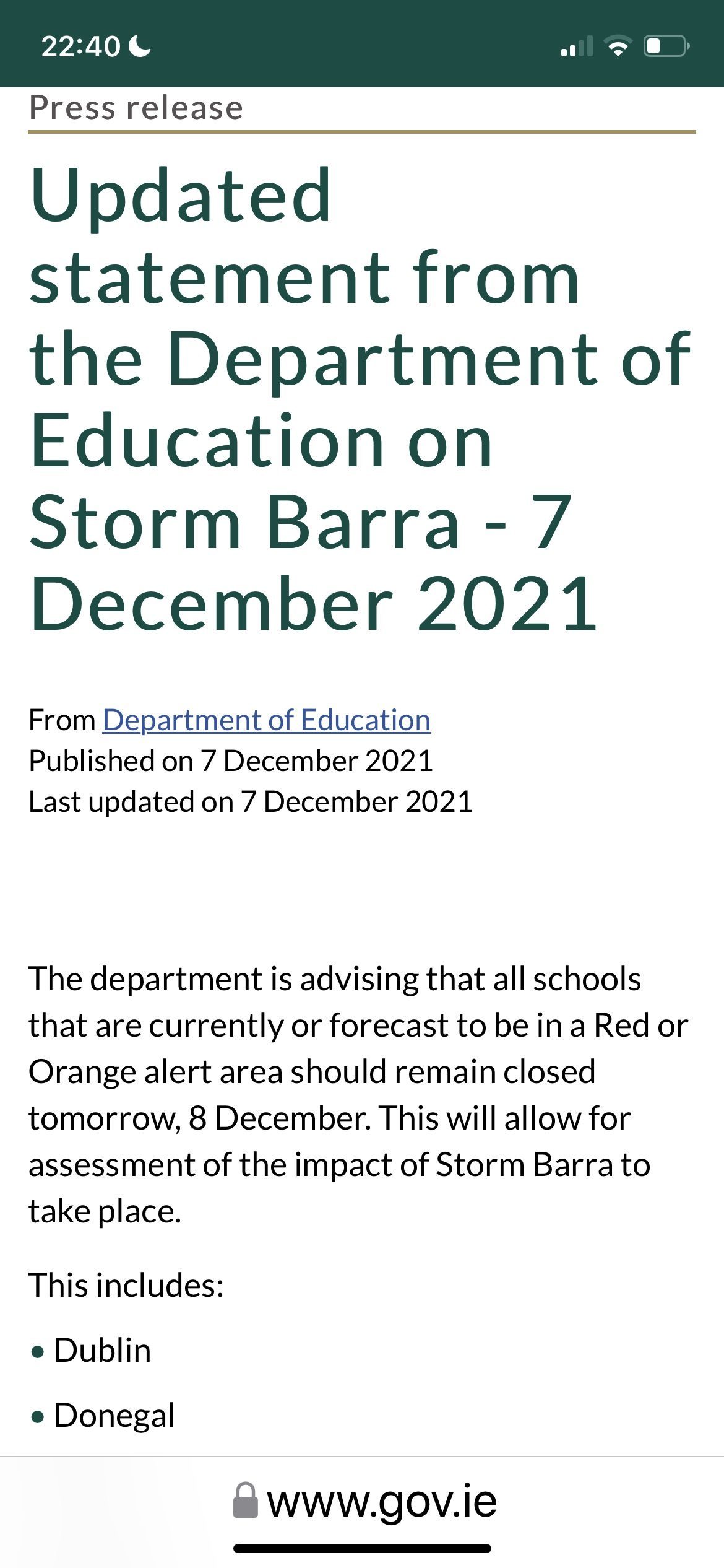 Tuesday 7th December Depatment of Education Press Release